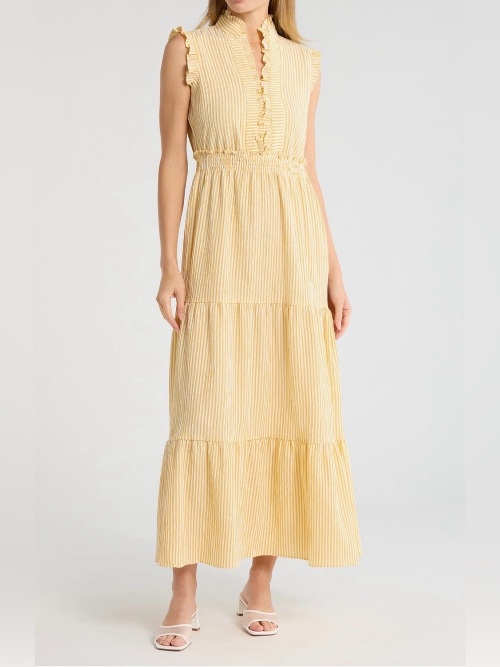Maggy London Pale Yellow Ruffled Tiered Maxi Dress size 8P. Like new condition.
